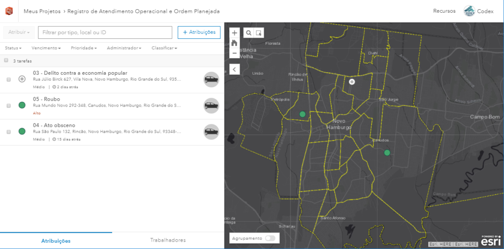 Captura de tela de aplicação Workforce for ArcGIS, demonstrando um mapa de teste