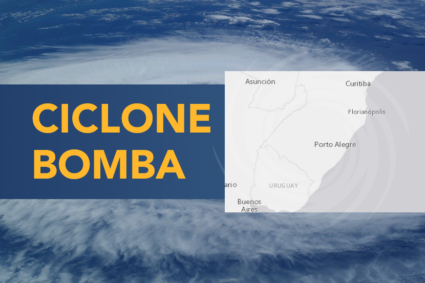 Imagem de ciclone ao fundo com transparência azul sobreposta, quadro azul sobreposto ao centro e texto "ciclone bomba", além de mapa da região sul do Brasil à direita do texto, sobreposto por ícone de ciclone com transparência branca.